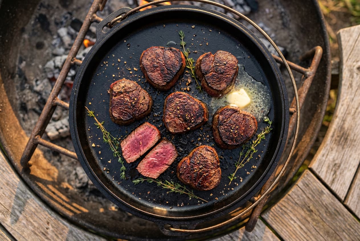 Cast iron Dutch oven lid flipped upside down as a griddle with seared venison backstrap medallions